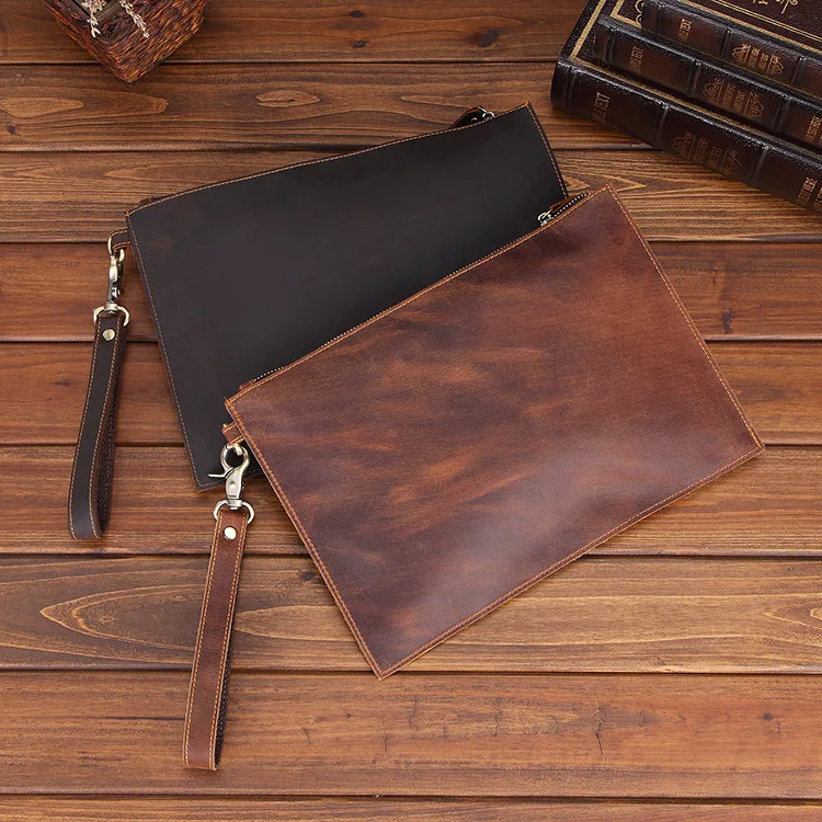 

Retro Mad Leather Men's Clutch Bag Top Layer Cowhide Zipper Wallet Busin OL Pure Color Single oulder Crossbody Bag