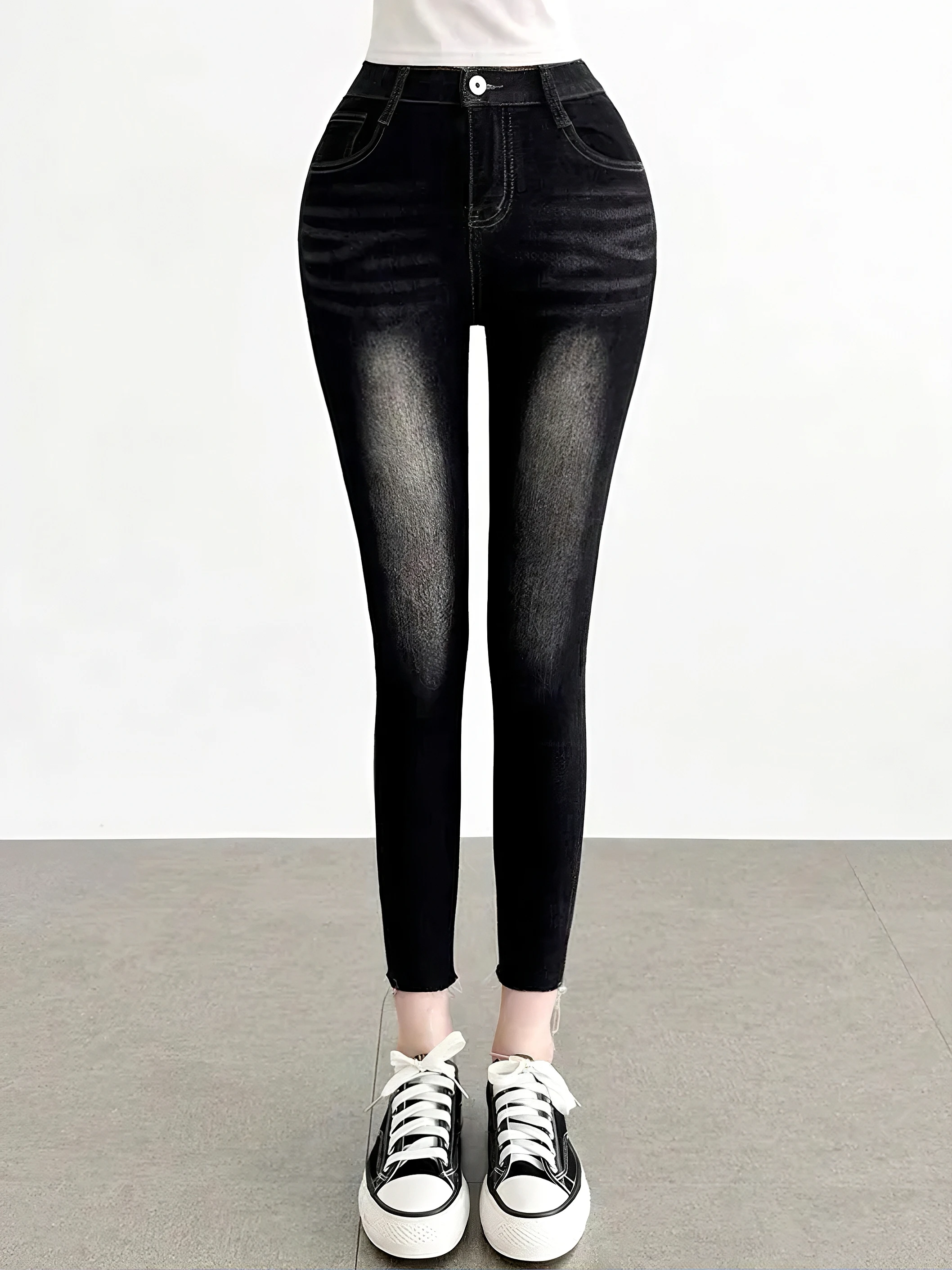 

Женские джинсы с высокой талией, облегающие, на флисовой подкладке, с высокой эластичностью, длиной 7/8, в корейском стиле, осенние