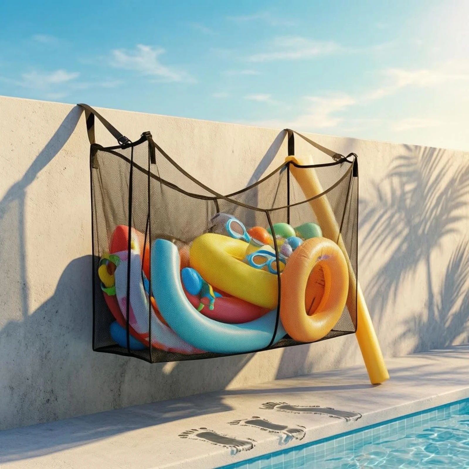 

Pool Flotation Device Storage Bag Exposed-topTop Hanging Pool Toy Bag Rectangular Roomy for Fence