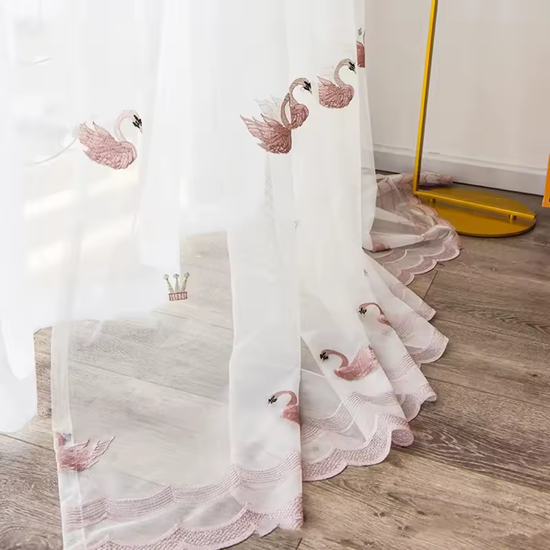 וילונות תול רקמה בצורת ברווז ורוד לסלון עם סינון אור לחדר שינה, מסך חלון שקוף # 30