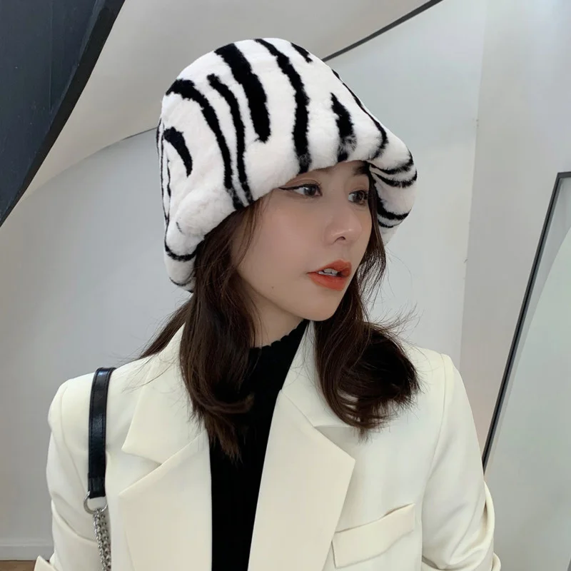 Winter Rex Rabbit Fur Hat Plush Bucket Hats For Women Real Fur Fisherman Hat Outdoor Windproof Thicken Keep Warm Caps Ladies