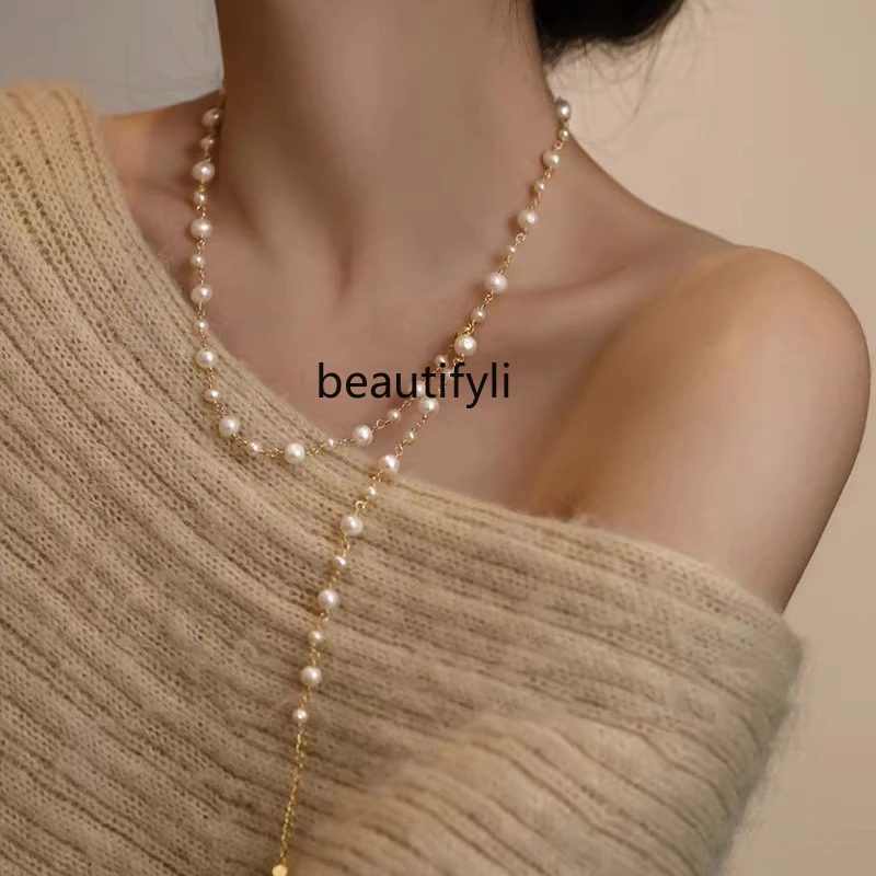 French long pearl sweater chain women's high-end spring and summer necklace light luxury design neck chain