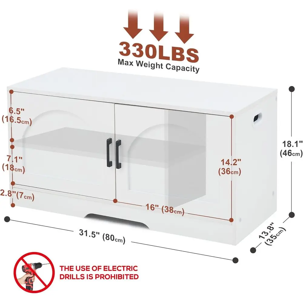 مقعد أحذية أبيض للتخزين مع بابين، أرفف قابلة للتعديل، 31.5 عرض × 13.8 عمق × 18.1 ارتفاع للمدخل، غرفة المعيشة، المدخل، غرفة الطين، Be #2
