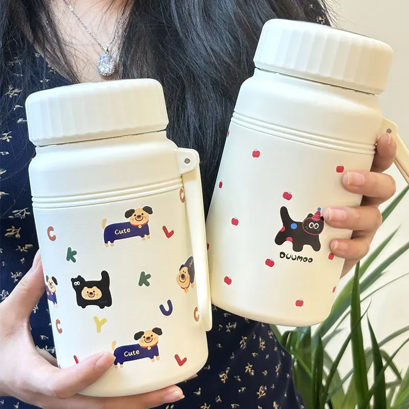 

1000ml Cartoon Couple Thermos Bottle Stainless Steel High Value with Tea Partition Tea Cup Simple and Convenient Gift Water Cup