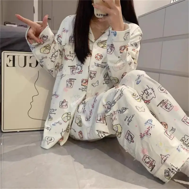 Sanrio Female Long Sleeves Leisure Wear Suit Spring and Autumn Kawaii Hello Kitty Comic Go Out Student Cardigan Pajamas Clothing