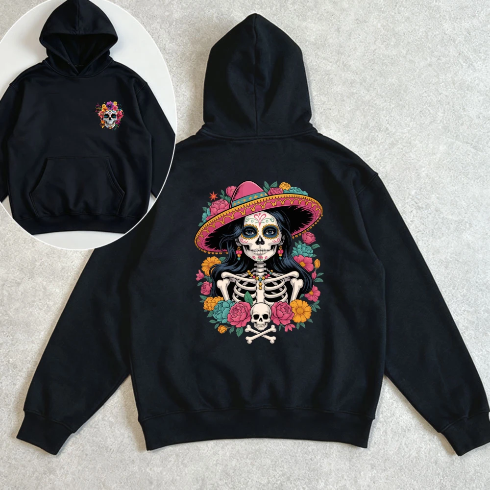Catrina Sugar Skull Hoodie All Souls' Day Mexican Sombrero Floral Skeleton Graphic Cozy Warm Long Sleeve Pullover Hoodies Women