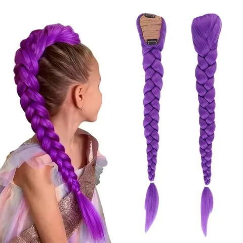 KPop Anime Character Cosplay Purple Wig for Kids Girls Anime Costume Hairstyle 26inch Long Ponytail Wig with Clips