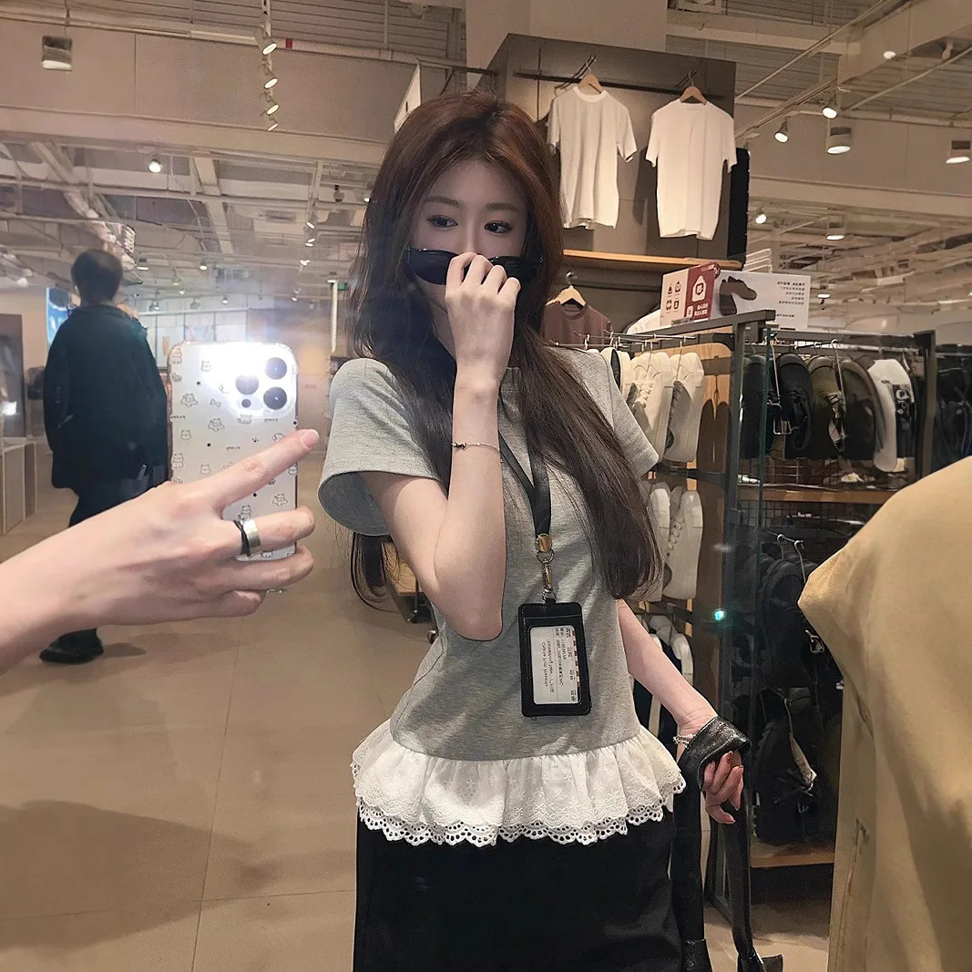 

Gentle Sweet Girl Style Design Lace Patchwork Short Sleeve T-Shirt for Women 2025 Summer Slim Fit Student Top Trendy