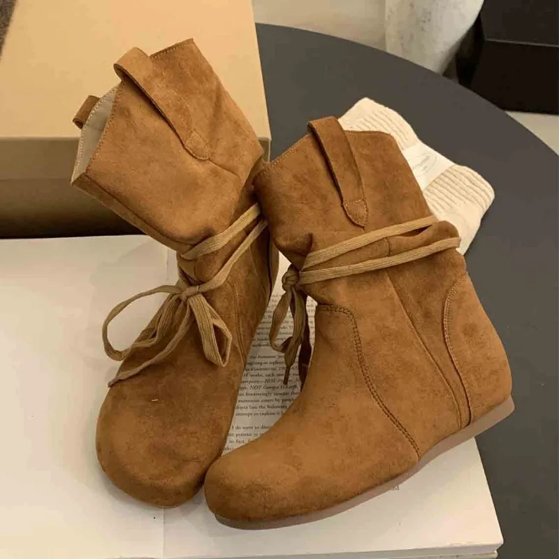 

Lace Up Women's Flats Ankle Boots Fad Suede Casual Shoes 2025 Winter New Brand Women Cozy Shoes Designer Chelsea Boots De Mujer