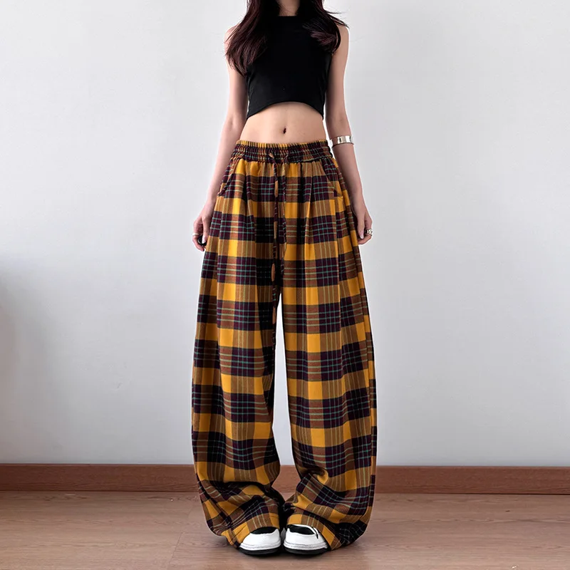 سراويل منقوشة كلاسيكية أمريكية للنساء ربيعية صفراء منقوشة فضفاضة مستقيمة غير رسمية سراويل أرضية واسعة الساق متعددة الاستخدامات
