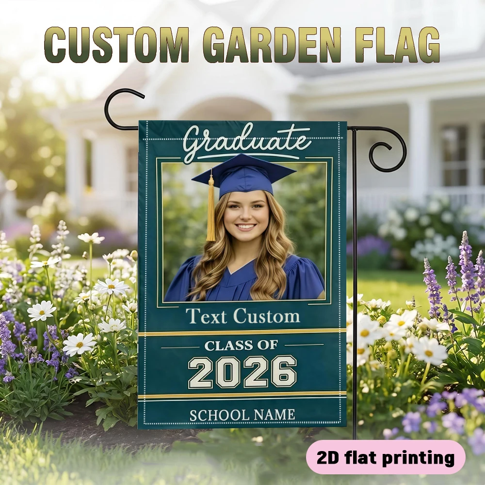 Garden flag custom Name Photo And School Name Teal Gold White Border Gifts for Graduates No power supply required view 3