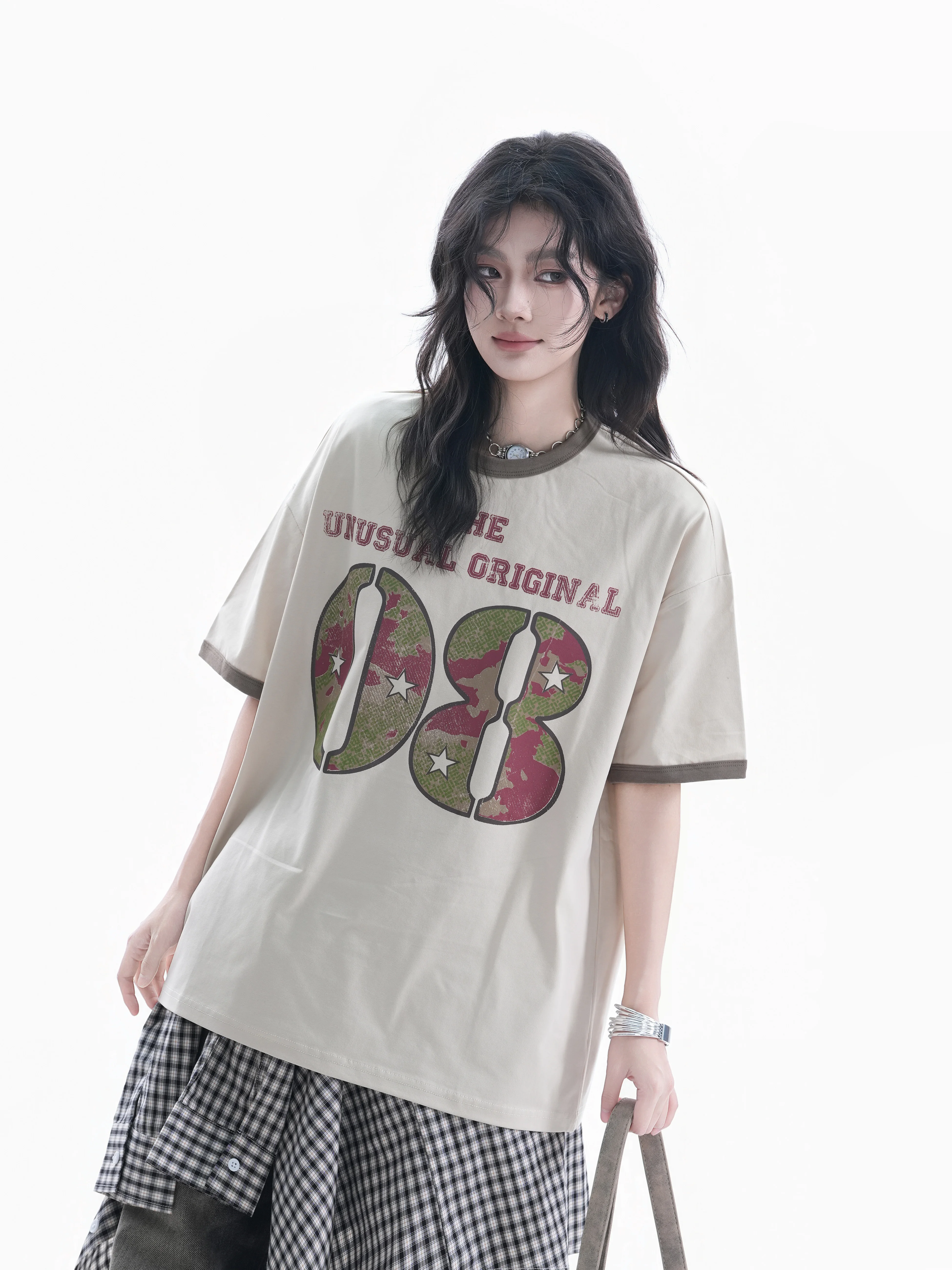 

Retro American Color Block Short Sleeve T-Shirt Women's Loose Casual Couple Tops Camouflage Digital Print Cotton round Neck