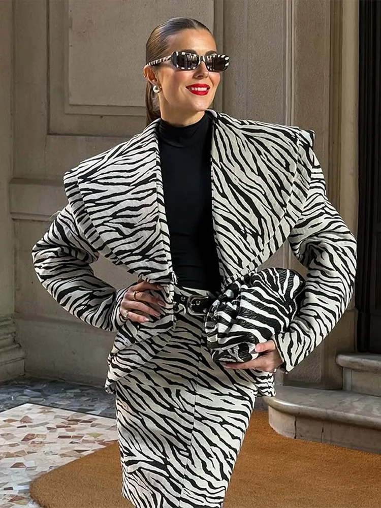 Fashion Printed Coats Skirt Set Women Zebra Full Sleeve Open Stitch Short Hip Package Skirts Sets Female 2026 Spring Lady Suits