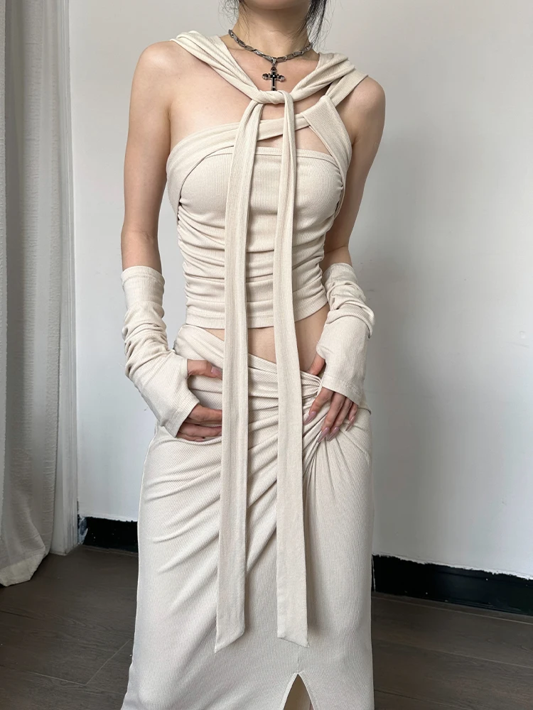 High Quality Hot Selling Wasteland Style Sloping Shoulder Camisole Top Hat Side Slit Slim Fit Skirt Fashionable Set Women Y2k