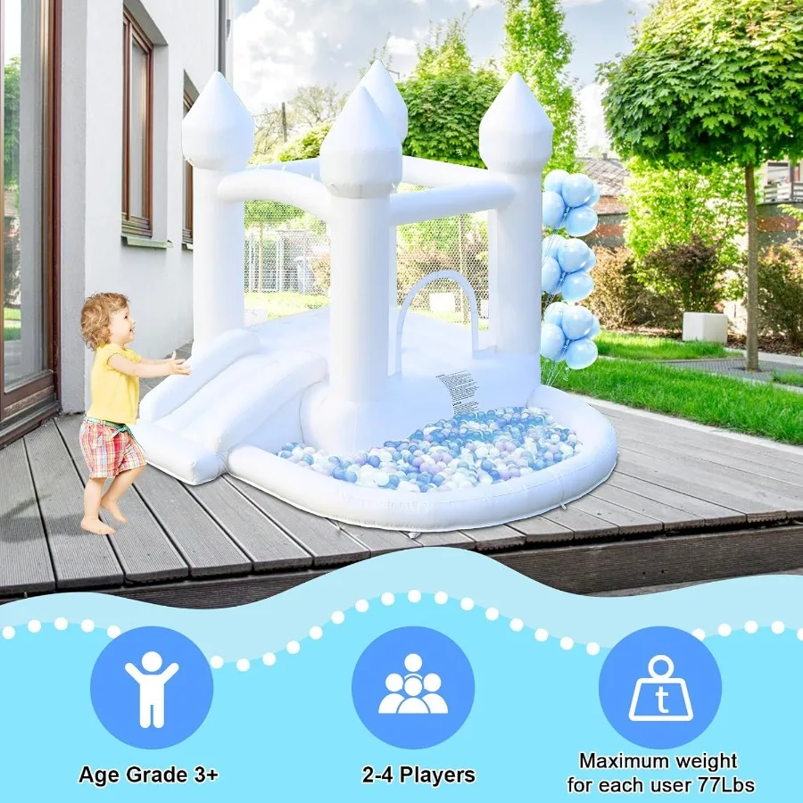 화이트 바운스 하우스, 에어 블로워 포함 풍선 바운스 하우스, 파티, 결혼식, 뒷마당 행사용 볼풀이 있는 점핑 캐슬 하우스