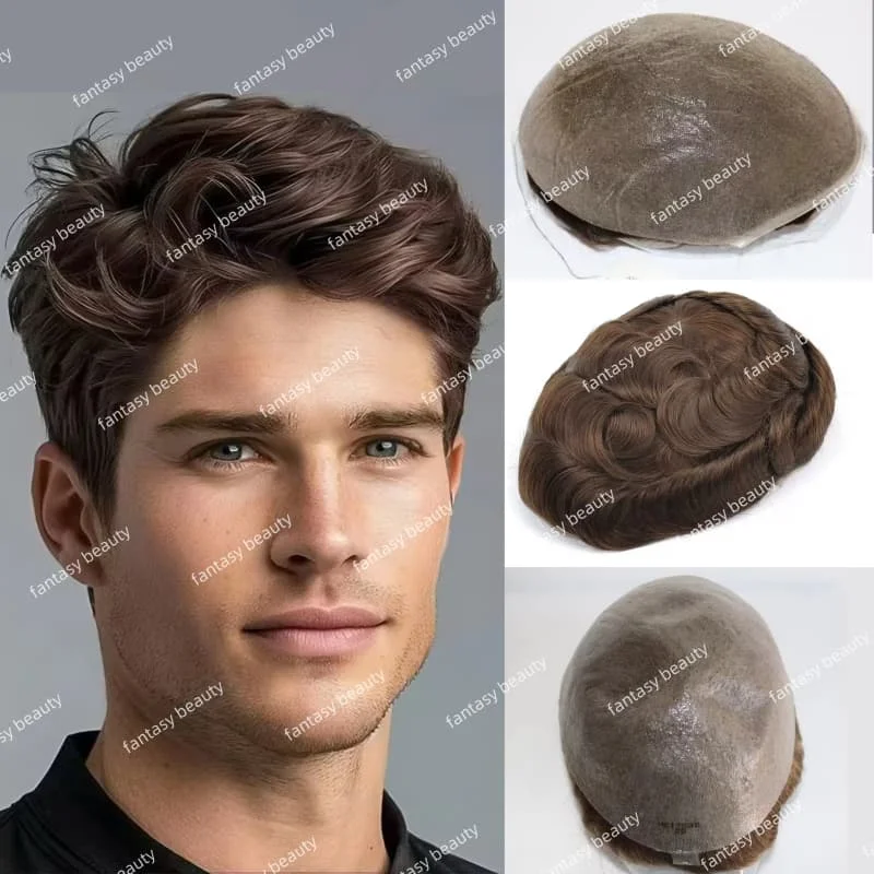 شعري طبيعي الرجال الشعر المستعار 0.02 مللي متر رقيقة جدا الجلد كامل بولي PU شعر مستعار الذكور 100% شعر الإنسان الاصطناعية استبدال نظام وحدات قطعة شعر