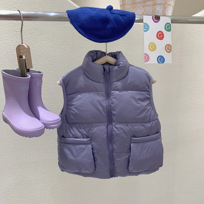 Kids Down Vest Autumn Winter Stand Collar Sleeveless Solid Warm Waistcoat Big Pockets Boys Girls Casual Coats