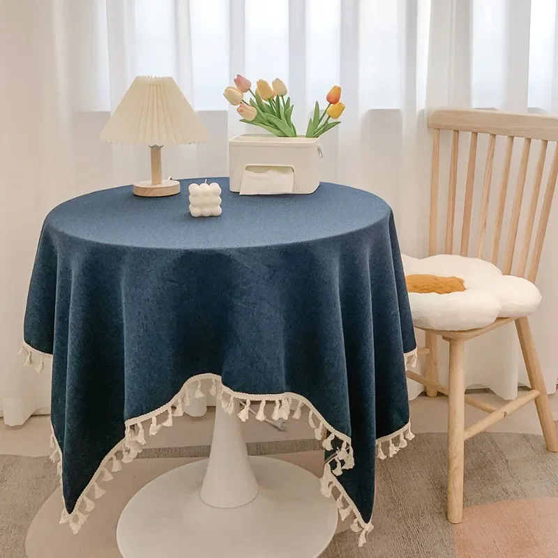 Solid Color Tassel Round Table Cloth Soft Simple Fabric Cover Home Balcony Round Tea Table Decorative Dustproof Table Mat Cloth