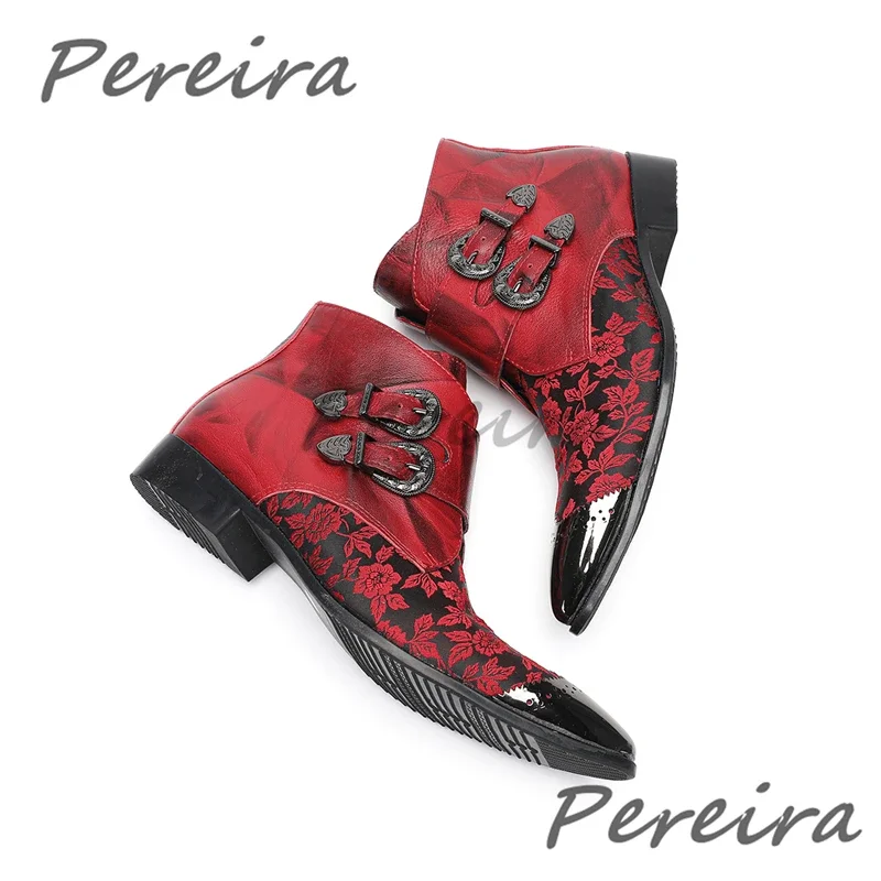 

Мужские ботинки челси с цветочным принтом, повседневная деловая обувь, черные, красные, разноцветные кожаные короткие ботинки с железным острым носком и двойной пряжкой