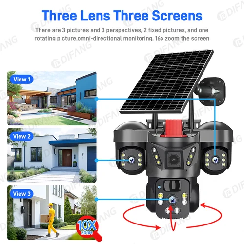 Imagen 2 del producto Cámara Solar inalámbrica WiFi de 8K y 15MP, tres lentes, tres pantallas, tarjeta Sim 4G, cámara Solar, detección humana, vigilancia Solar al aire libre V380 Cámara de Seguridad Solar para Exteriores, Cámara de Vigilanc