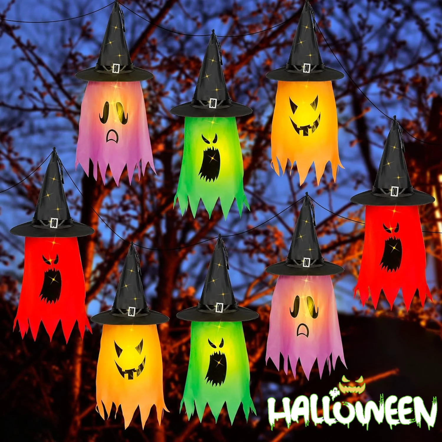 

Halloween Hanging Glowing Ghost Hat Lights Decoration Glowing Witch Hat Alloween Party Props Home Deco For Outdoor Yard Tree