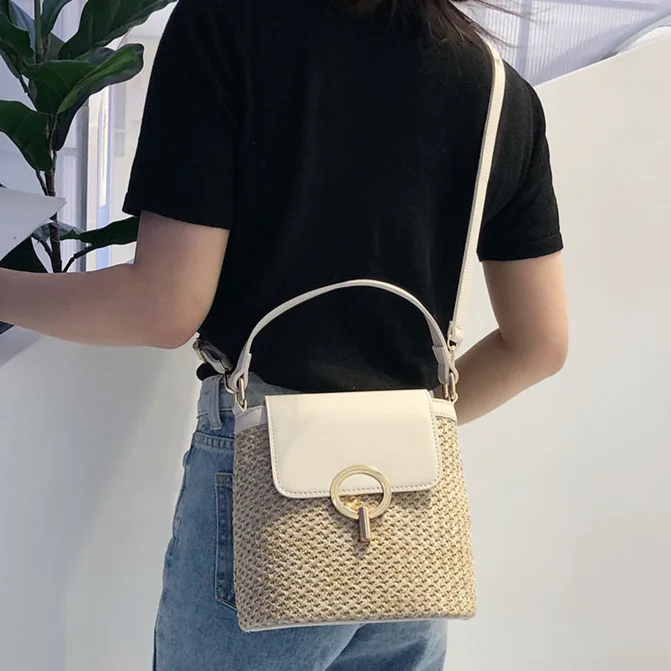 Summer Straw Weaving Small Handbag 2024 Women Hand-Woven Crossbody Bag High Quality Vintage Tote Bag Woven Flap Beach Bucket Bag