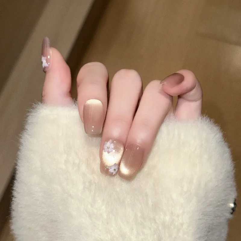 

10Pcs Handmade Nail Minimalist Glass Bead Cat Eye with Hand-Painted Floral Design Press-On Nail Tips Perfect for Gift To Women