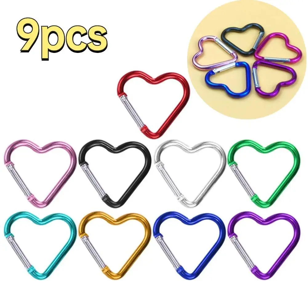 9PCS Heart-shaped Aluminum Carabiner Key Chain Clip Outdoor Camping Keyring Hook Bottle Hanging Buckle Hook Keyring