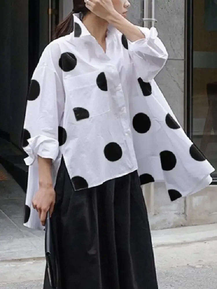 2024 New Women Fashion Elegant Polka-Dot Split-Joint Lapel Blouses Spring Summer Long Sleeves Loose Casual Shirts Tops