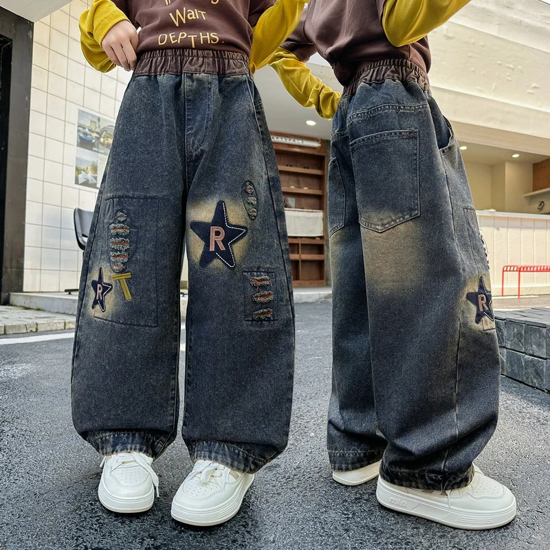 Girls Trendy Cool Retro Curved Jeans with Patch Embroidery Design Autumn New Children's  Denim Pants Kids Trousers Age 4-15Y