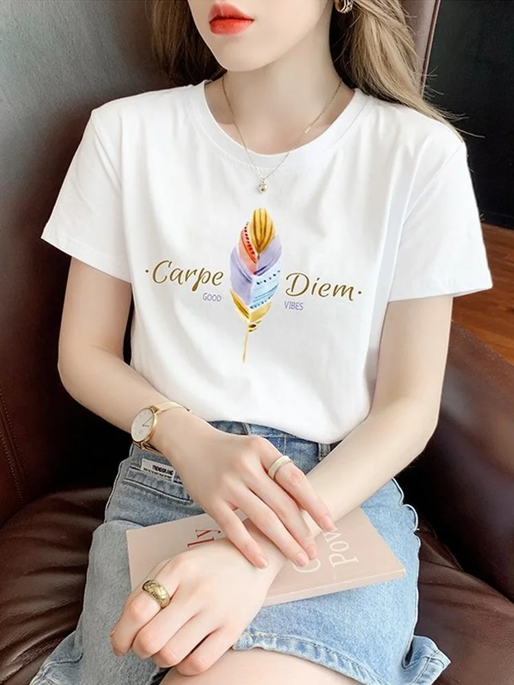 TuangBiang Summer 2023 New Gradient Feather Letter Printing Apricot Cotton T-Shirt Casual Short Sleeve Lady Tshirt Feminine Tops