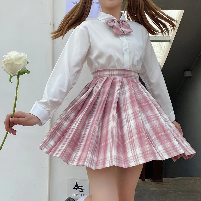 [Zui Mian] Long/Short sleeve Summer High Waist Pink Plaid Pleated Skirts Women Dress JK School Uniform Students Girls Clothes