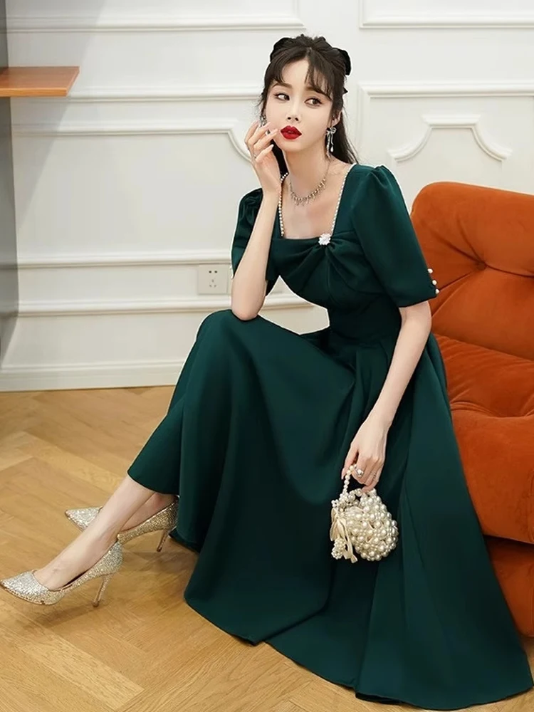 Ele Abito da sera estivo da donna di fascia alta semplice compleanno per adulti Par Host Dr coreano Sle cerniera colletto quadrato a vita media