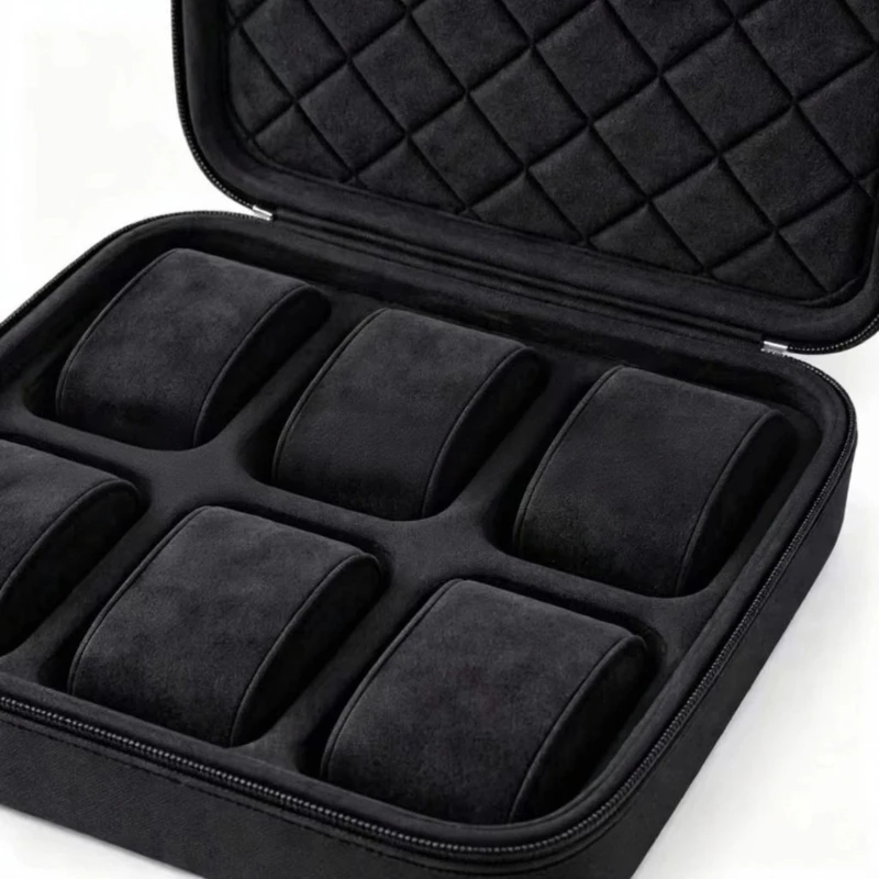 P5EA Premium 6 Slot Watch Organizers Case Travel Waterproof Oxford Material And Reinforced Stitching Design Black