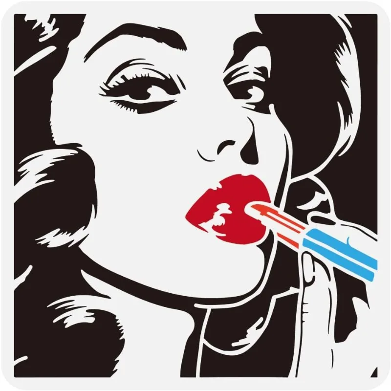 Frau auftragen Lippenstift Schablone zum Malen 11,8 x 11,8 Zoll wiederverwendbare Retro Comics Stil Frauen Gesicht Schablone Frauen Thema Schablone