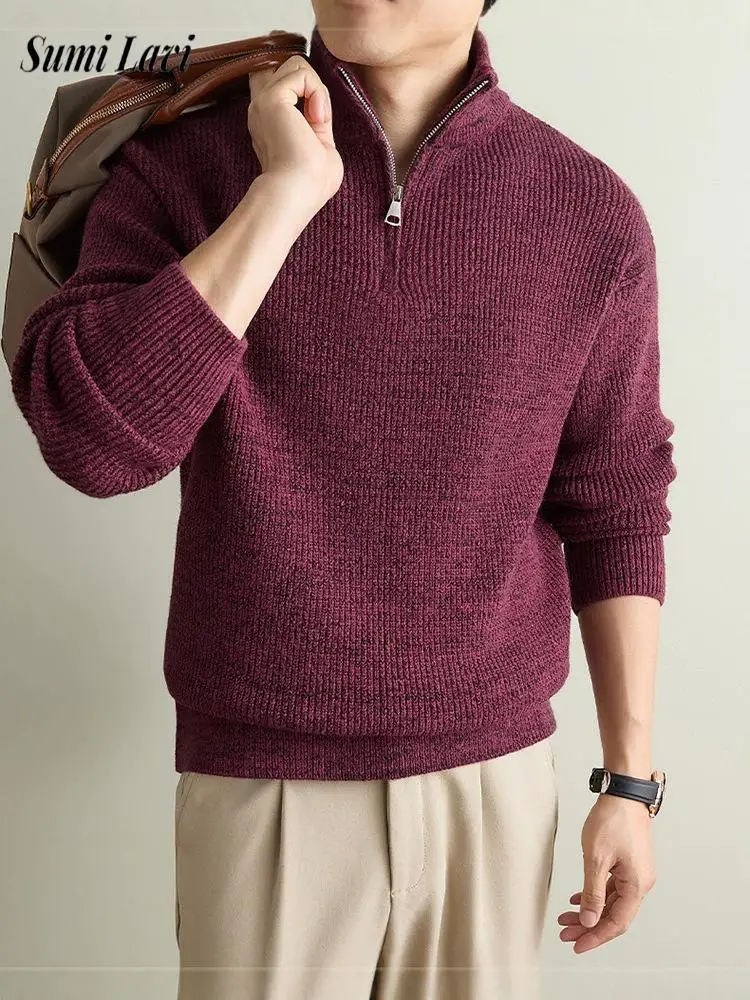 Vintage Men Knitting Sweater Stand Collar Long Sleeve Knitted Pullover Solid Color Warm 2026 Autumn Winter Polo Shirts Men