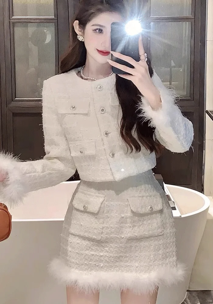 Autumn Winter Women\'s Set: Rich Heiress Korean Drama-inspired Elegant Socialite Coat and Skirt Two-piece Chic Outfit Hot Sale