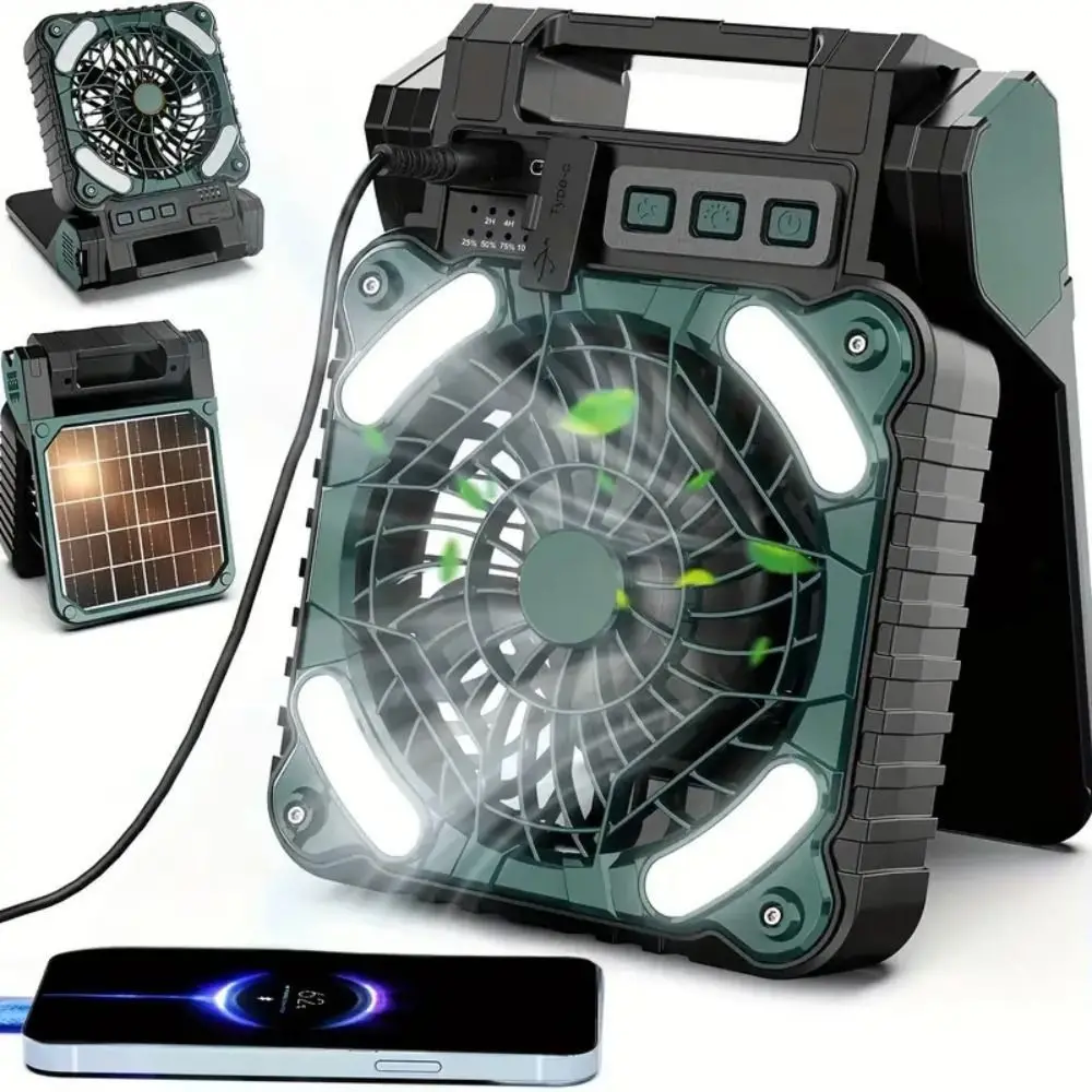90-Degree Folding Outdoor Solar Fan 4 Speeds Wind 4 Sleep Timers Portable Tent Fan Low Running Noise Steady Airflow