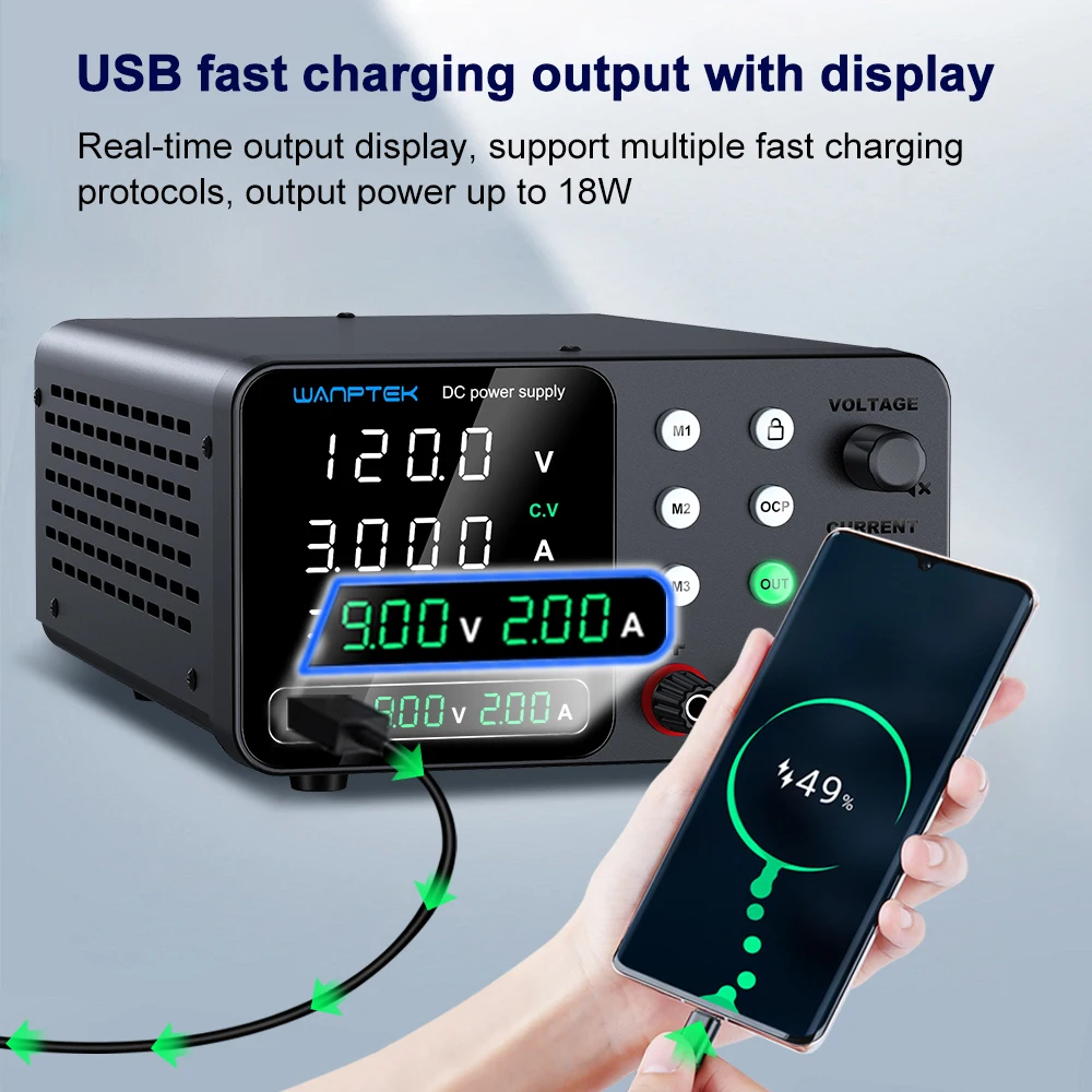 Fonte de alimentação DC ajustável TPS-C1203, três conjuntos de armazenamento 0-120V 0-3A reguladores de tensão e corrente variáveis, portátil