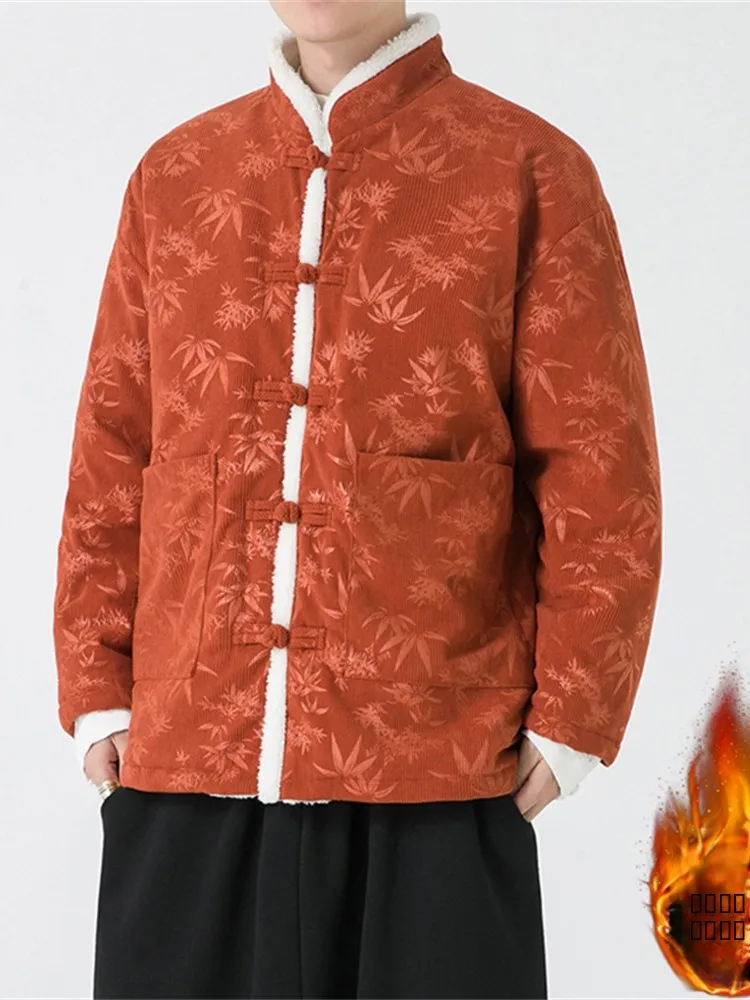 

New Chinese Sle Men's Cotton Jaet Corduroy Lamb Fur Trimmed Button up Hanfu Warmth Casual Winter Thiened Loose Fit Coat