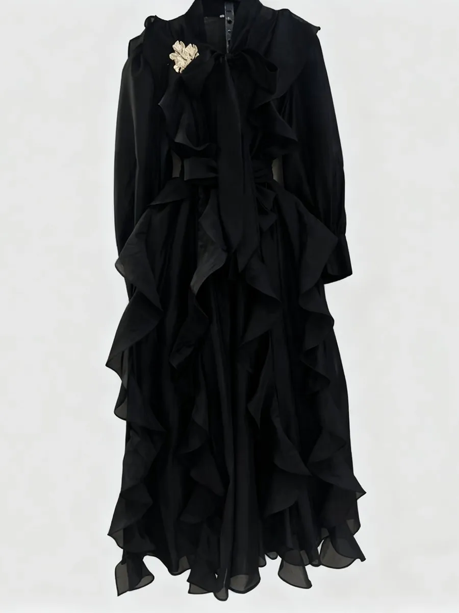 Twotwinstyle sólido emendado babados dobras vestidos de moda para mulheres o pescoço mangas compridas cintura alta retalhos rendas até vestido feminino