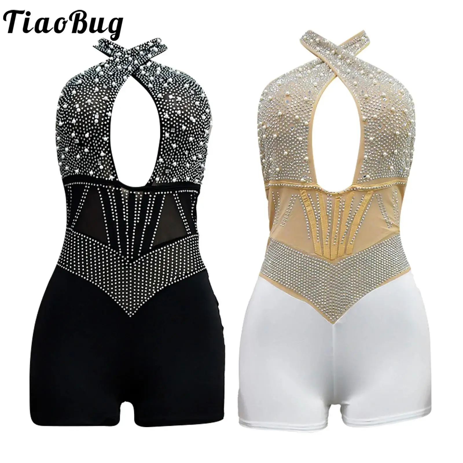 

Women Wet Look Rhinestones Jumpsuit Clubwear Rave Dance Party Cross Halter Hollow Back Open Boyshorts Bodysuit for Nightclub