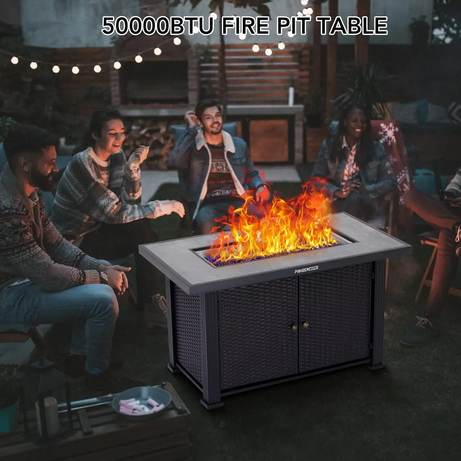 44 Inch Propane Outdoor Fire Pit Table, 50000BTU Rectangle Double Door Fire Table with Cover & Rain Cover, Add Warmth