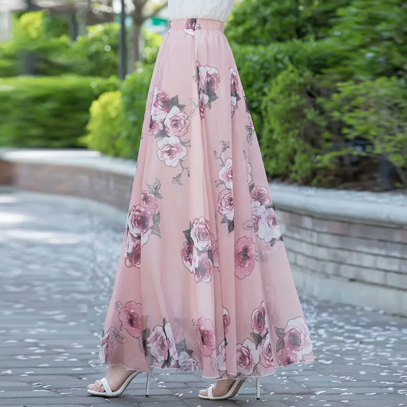 Casual Women'S Chiffon Flower Skirt Mid-Length High Waist Retroa Word Dancing Dress Graceful Beach Halfskirt Ladies