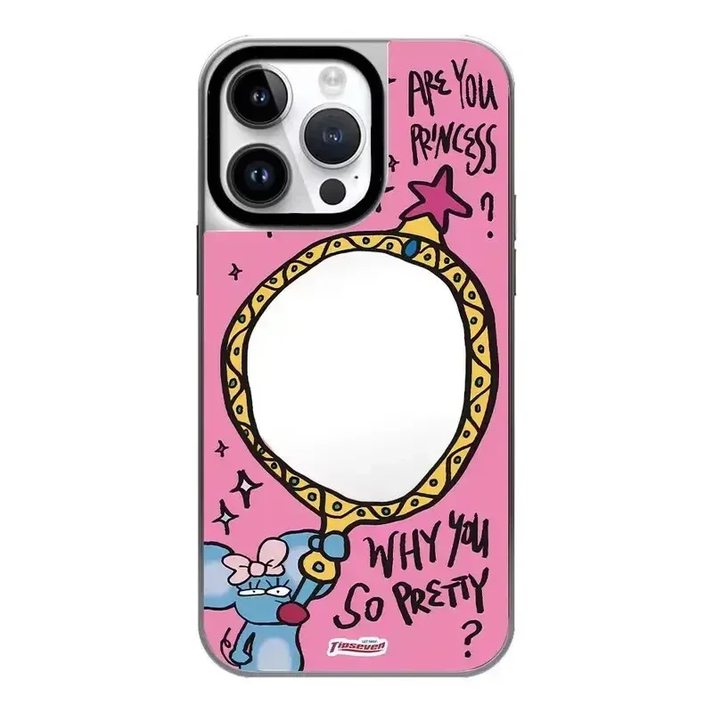 Graffiti Dog Silver Border iPhone 12 13 14 15 16 Pro Max Mirror Surface MagSafe Case Cover Shell