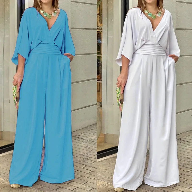 Women Jumpsuit Summer Short Bat Sleeve V Neck Backless Nipped Waist Loose Wide Legs Casual Pants Romper High Streetwear