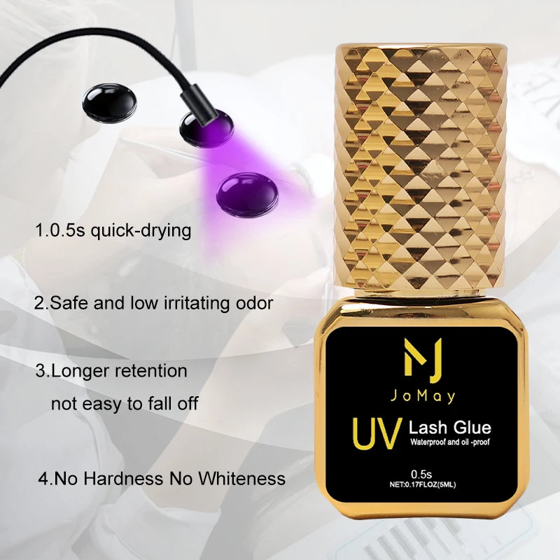 JOMAY 3 Flaschen 5 ml UV-Kleber Schwarzer Wimpernkleber für Wimpernverlängerungen Geringe Reizung 0,5 Sekunden schnell trocknender Kleber UV-Make-up-Produkte