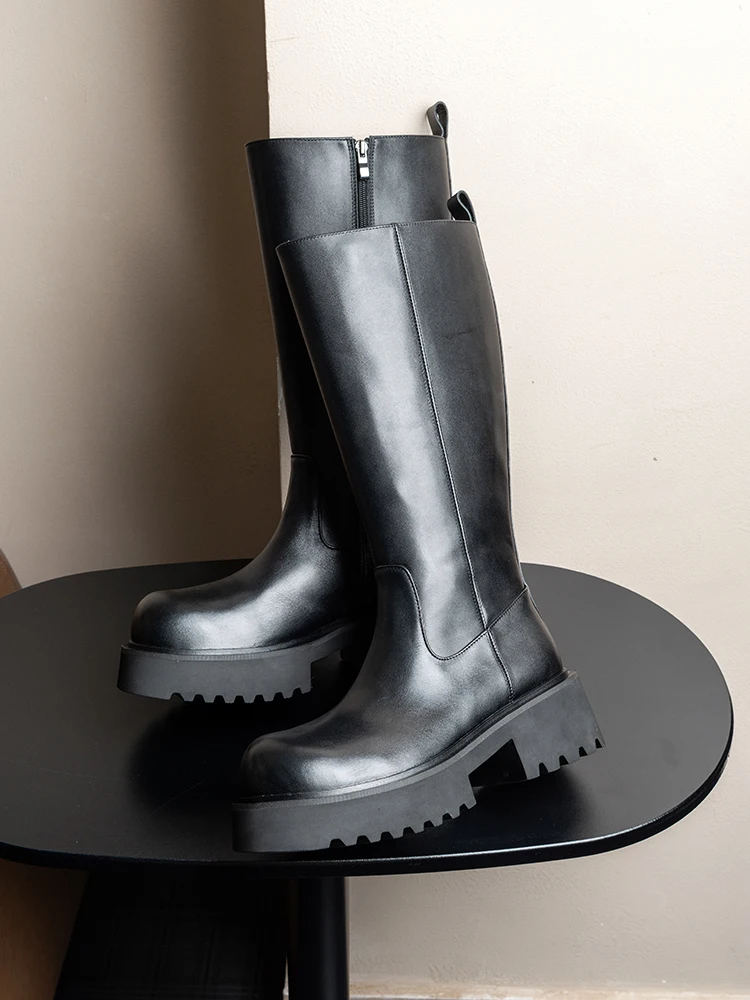 

British Style Height Increasing Riding Boots Men's Genuine Leather Thick Sole Knee High Chelsea Motorcycle Long Boots Male Shoes