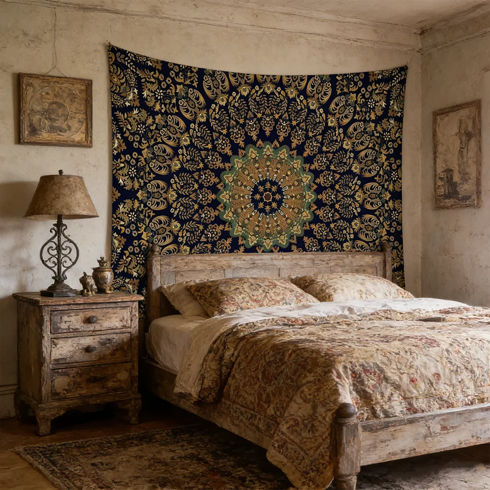 Böhmischer Wandteppich in Marineblau, Gold und Grün mit Mandala-Muster, persischer Blumen- und islamischer Wandbehang, Boho-Dekoration für Schlafzimmer und Wohnzimmer