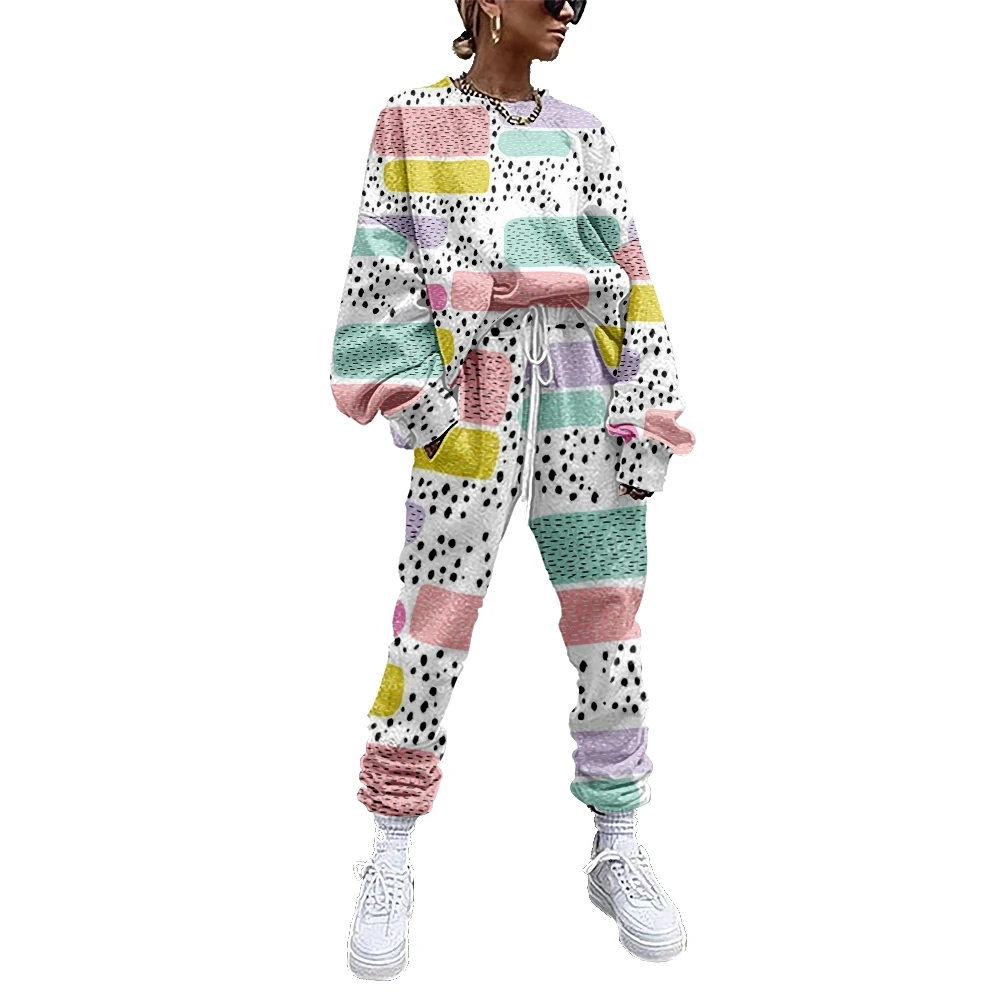 Women Fun Pattern Printing Tracksuit 2 Piece Outfit Sweatshirt+Straight Sweatpants Matching Set Fitness Sporty Streetwear